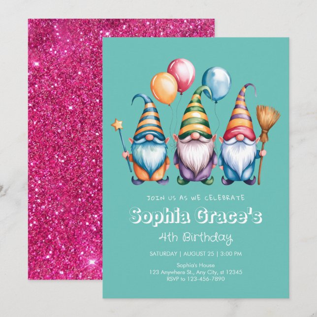 Convite Gnomos felizes com balões e varinha mágica (Frente/Verso)