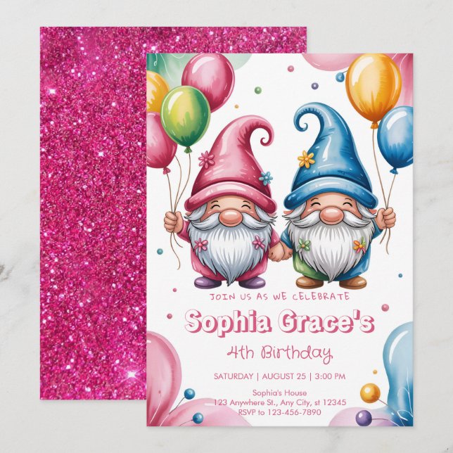 Convite Gnomos felizes e coloridos com balões (Frente/Verso)
