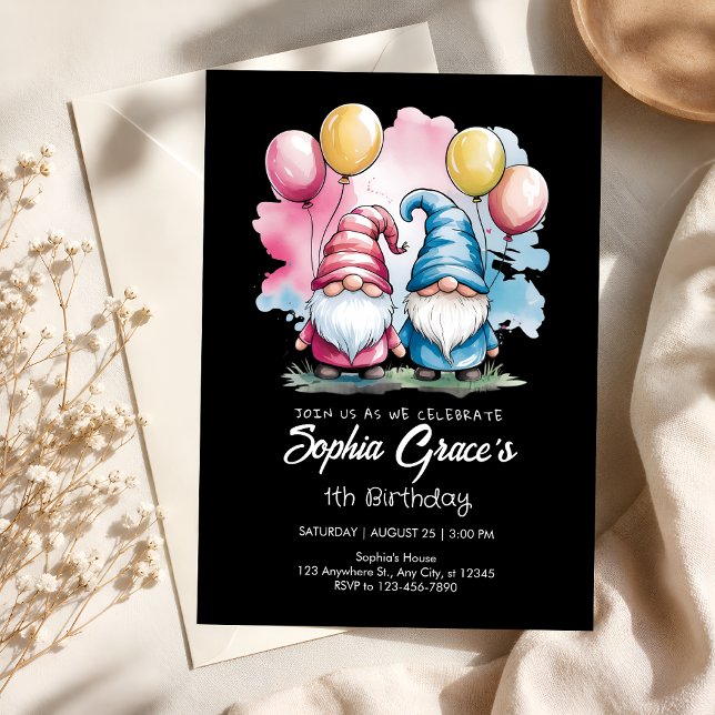Convite Gnomos Rosa e Azul com Balões de Festa (Criador carregado)