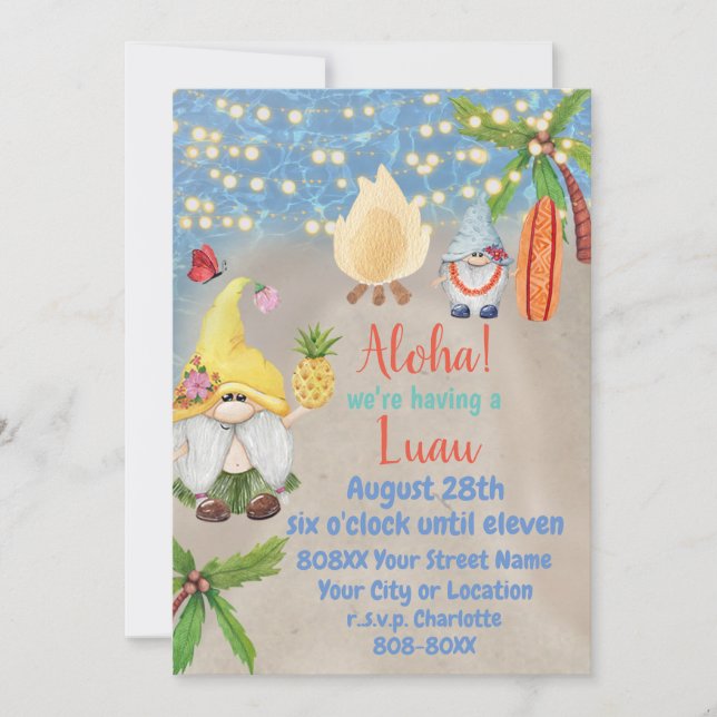 Convite Gnomos Tropicais Bonitos no Partido Beach Luau (Frente)