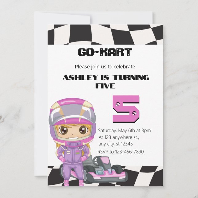 Convite GO-KART Girly Cinco Aniversário | Rapariga De Qual (Frente)