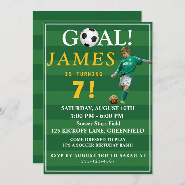 Convite Goal! Soccer Birthday Invite for Kids – Age 7 (Frente/Verso)