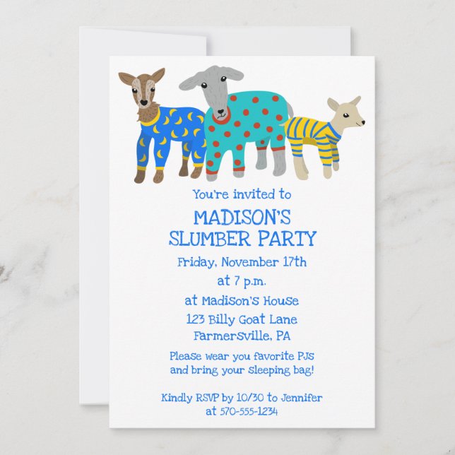 Convite Goats in Pajamas Kids SlumbParty (Frente)