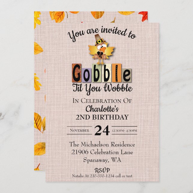 Convite Gobble Gobble Til You Wobble Birthday (Frente/Verso)