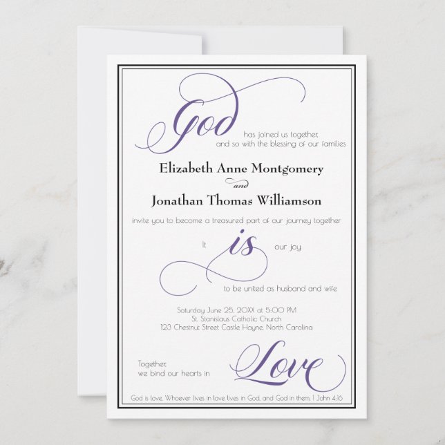 Convite God is Love Graceful Purple Wedding Invitation (Frente)