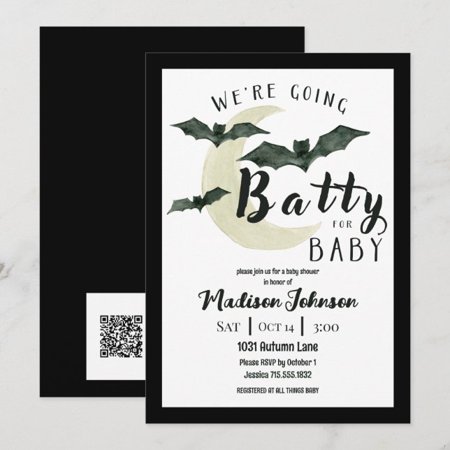 Convite Going Batty For Baby October Baby Shower QR Code (Frente/Verso)