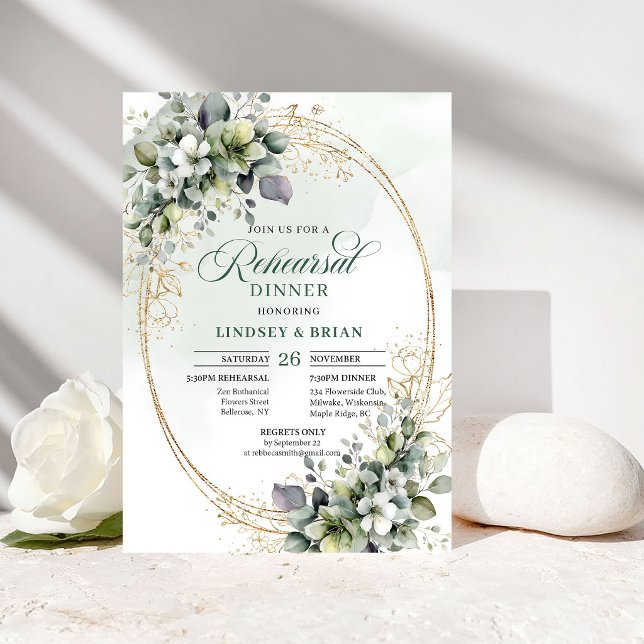 Convite Gol de Amor Eterno Jantar de Ensaios Boho Eucalipt (Timeless Love Rehearsal Dinner Boho Eucalyptus Gold)