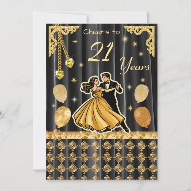Convite Gold 21st Birthday with Dancing Couple Invitation (Frente)