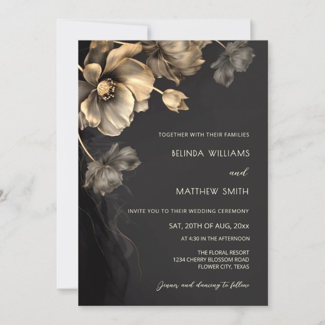 Convite Gold 3D Flowers Black Wedding Invitation (Frente)