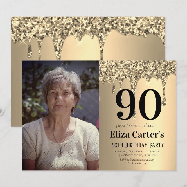 Convite Gold 90th Ninety Drip Elegant Birthday  (Frente/Verso)
