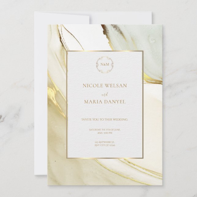 Convite Gold Alcohol Ink White Chic Wedding Invitation (Frente)