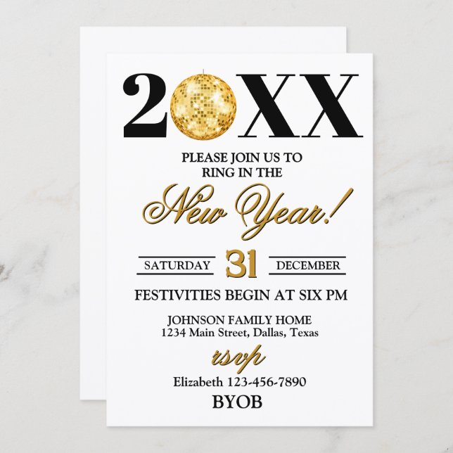 Convite Gold and Black 2026 New Years Eve Party Invitation (Frente/Verso)