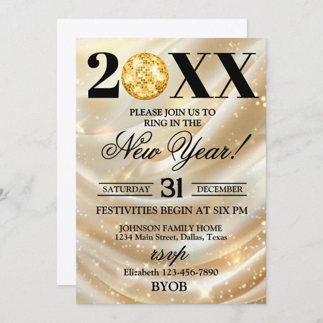 Convite Gold and Black 2026 New Years Eve Party Invitation (Frente/Verso)