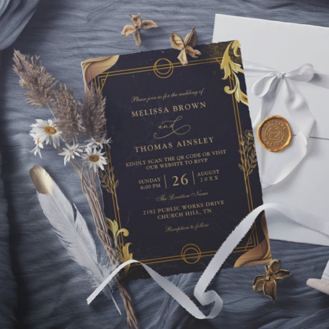 Convite Gold and Black Elegant Budget QR Code Wedding (Criador carregado)