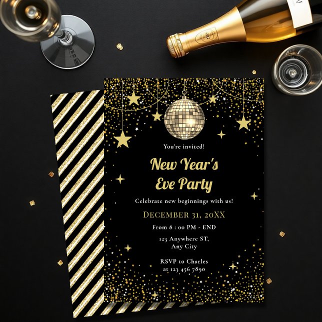 Convite Gold and Black Stars Confetti New Year's Eve Party (Criador carregado)