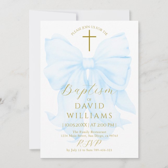 Convite Gold and Blue Bow Boy Baptism Elegant Digital (Frente)