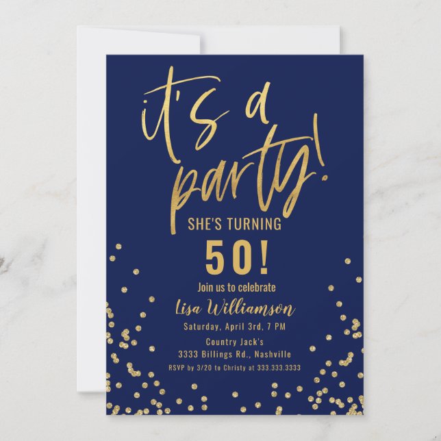 Convite Gold and Navy Blue 50th Birthday Party Invitation (Frente)