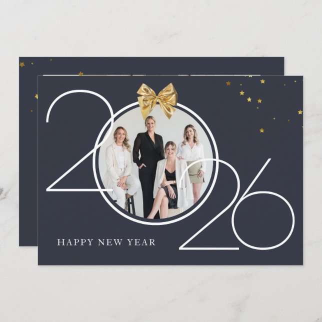 Convite Gold and Navy Photo Happy New Year Greeting Card (Frente/Verso)