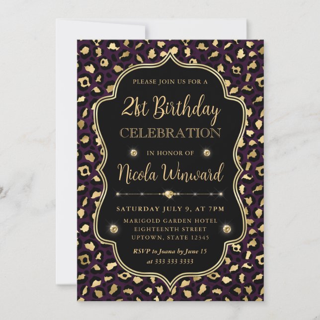 Convite Gold and Purple Leopard Print Birthday Party (Frente)