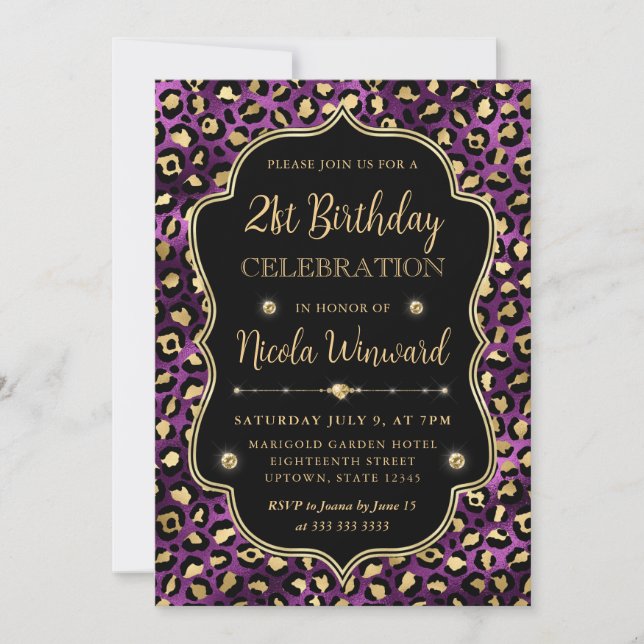 Convite Gold and Purple Leopard Print Birthday Party (Frente)