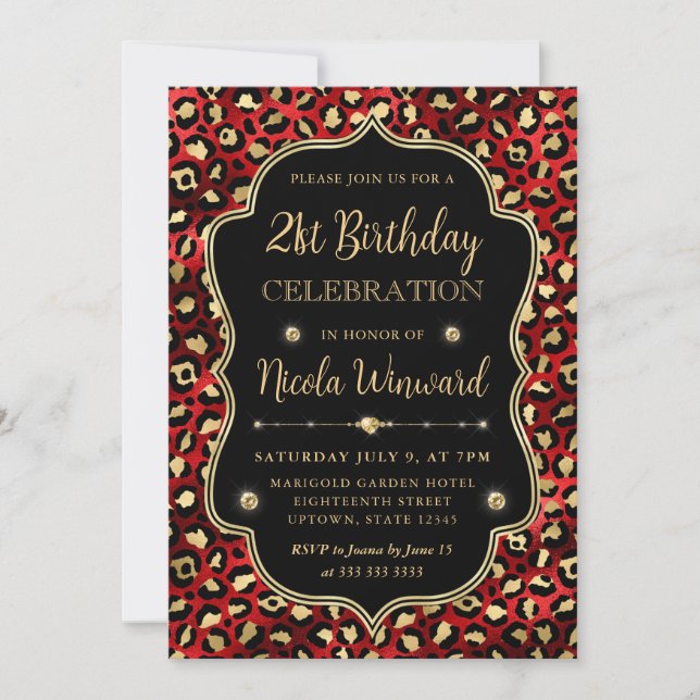 Convite Gold and Red Leopard Print Birthday Party (Frente)