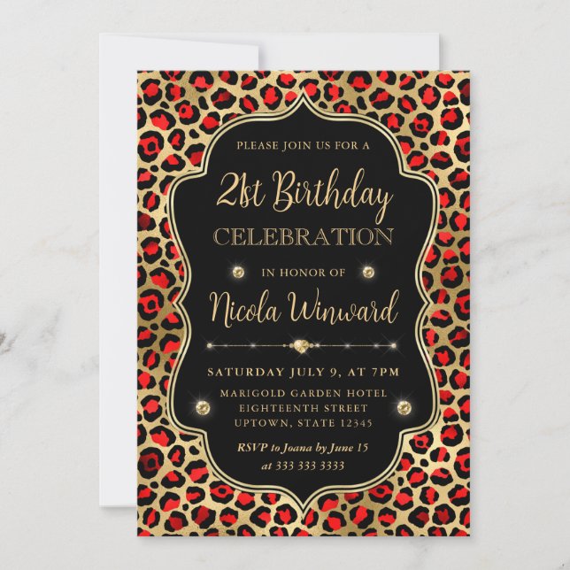 Convite Gold and Red Leopard Print Birthday Party (Frente)