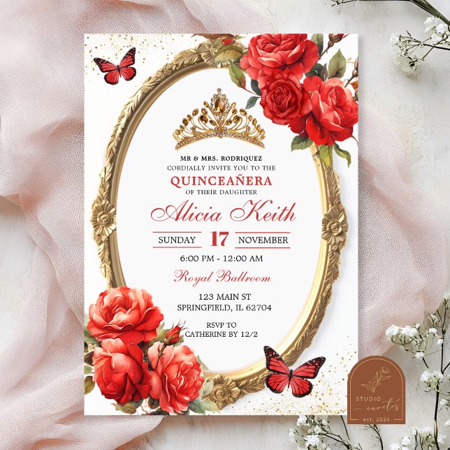 Convite Gold and Red Roses Gold Quinceanera Invitation (Criador carregado)