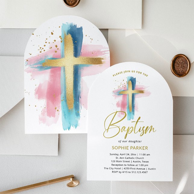 Convite Gold and Watercolor Cross | Baptism (Criador carregado)