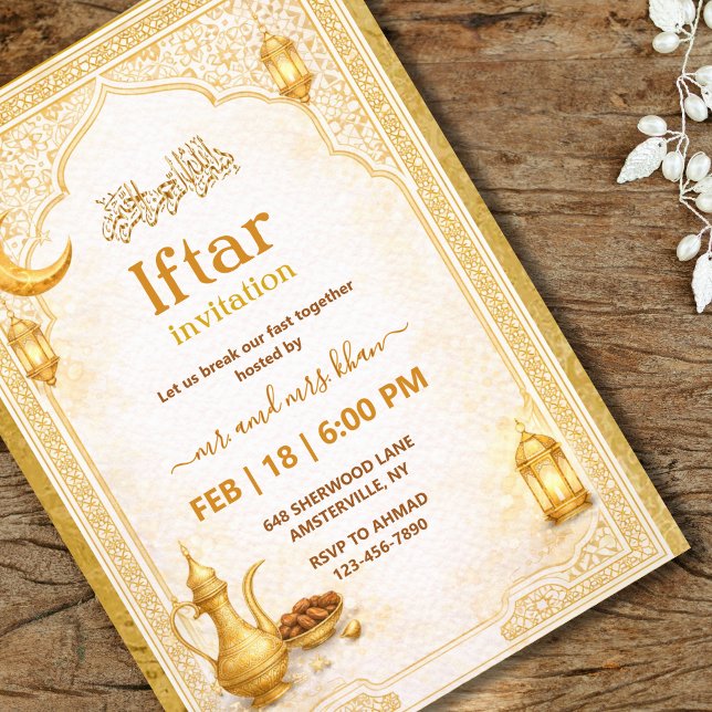 Convite Gold and White Script Iftar Party Invitation (Criador carregado)