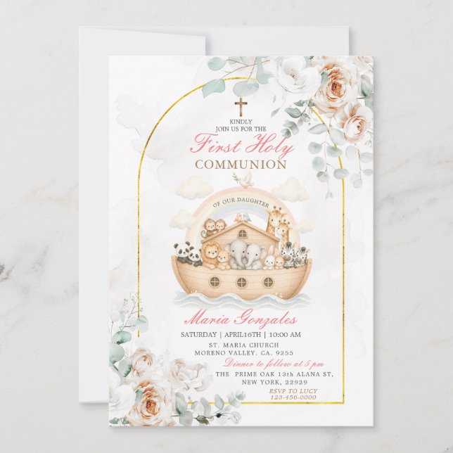 Convite Gold Arch Floral Baptism Noah Ark Invitation  (Frente)