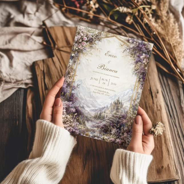 Convite Gold Arch Pink and Purple Floral Castle Wedding (Criador carregado)