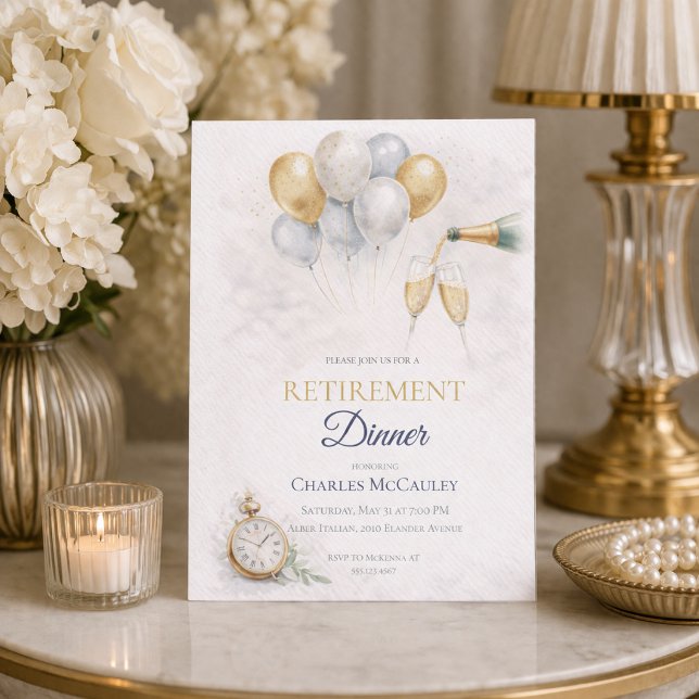 Convite Gold Balloon Retirement Invitation (Gold balloon and champagne detail for a refined retirement dinner celebration)