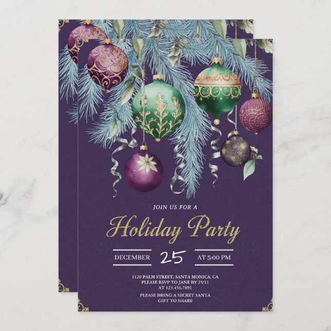 Convite Gold Baubles Christmas Tree Party Invitation (Frente/Verso)