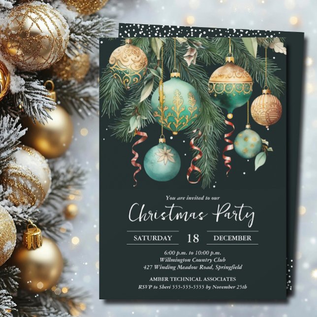 Convite Gold Baubles Christmas Tree Party Invitation (Gold and green Christmas tree ornaments party invitations PRINTED and/or INSTANT DOWNLOAD)