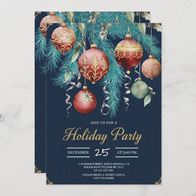 Convite Gold Baubles Christmas Tree Party Invitation (Frente/Verso)