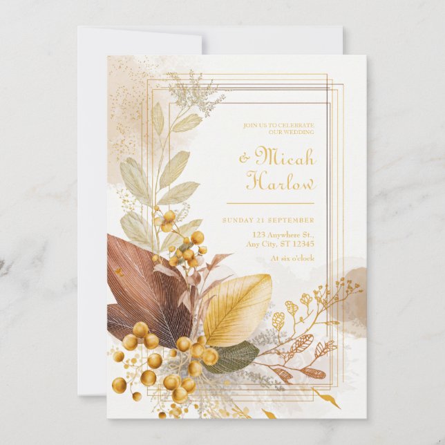 Convite Gold Berry Sienna Leaf Botanical Wedding (Frente)
