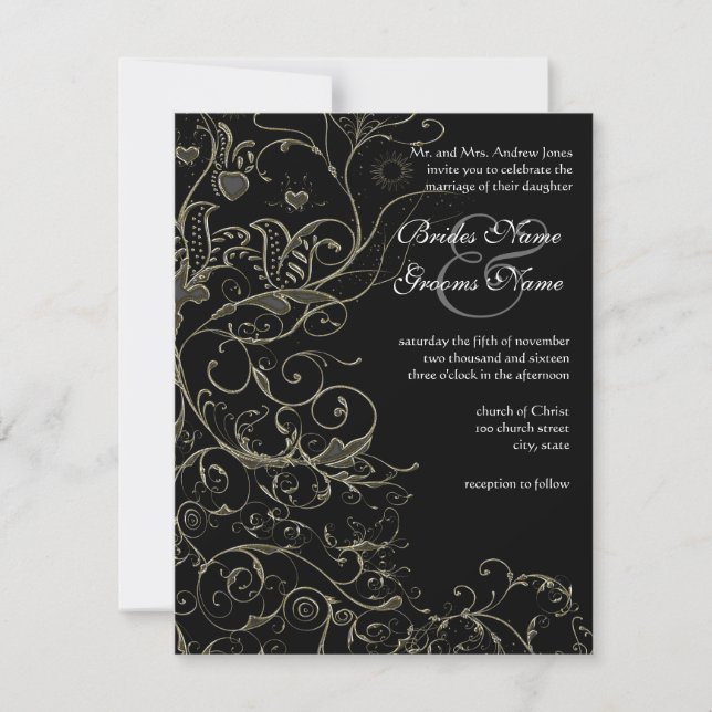 Convite Gold Birds & Swirls Wedding Invitations (Frente)