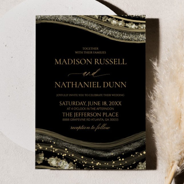 Convite Gold Black Agate Elegant Wedding (Criador carregado)