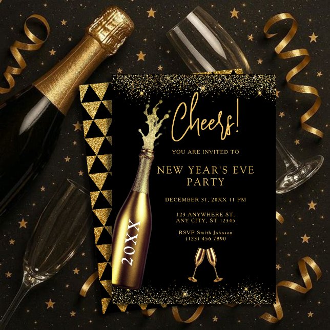 Convite Gold & Black Champagne Bottle New Year's Eve Party (Criador carregado)