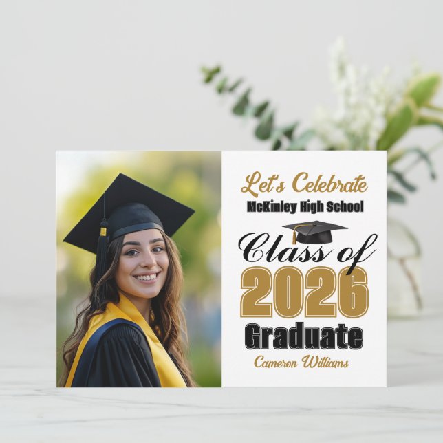 Convite Gold Black Class of 2026 Photo Graduation Party (Em pé/Frente)