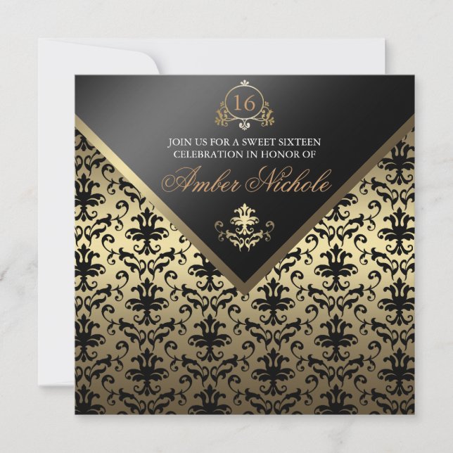 Convite Gold & Black Damask Sweet 16 (Frente)