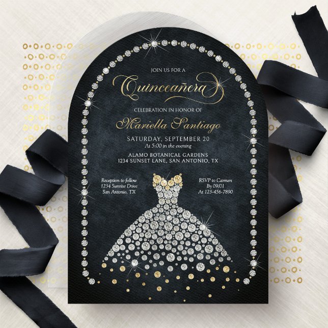 Convite Gold Black Diamonds Elegant Quinceanera Invitation (Criador carregado)
