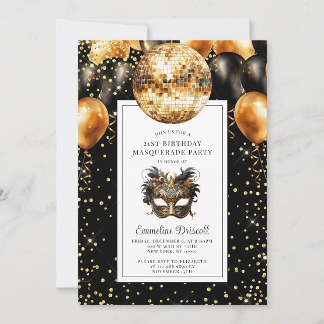 Convite Gold Black Glitter Birthday Masquerade Party (Frente)