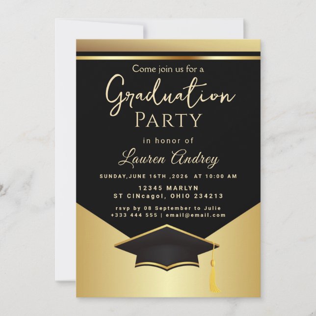 Convite Gold Black Graduation Party Invitation (Frente)