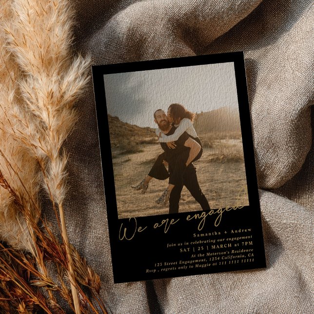 Convite Gold Black minimalist 2 photos engagement party (Gold Black minimalist 2 photos engagement party Invitation)