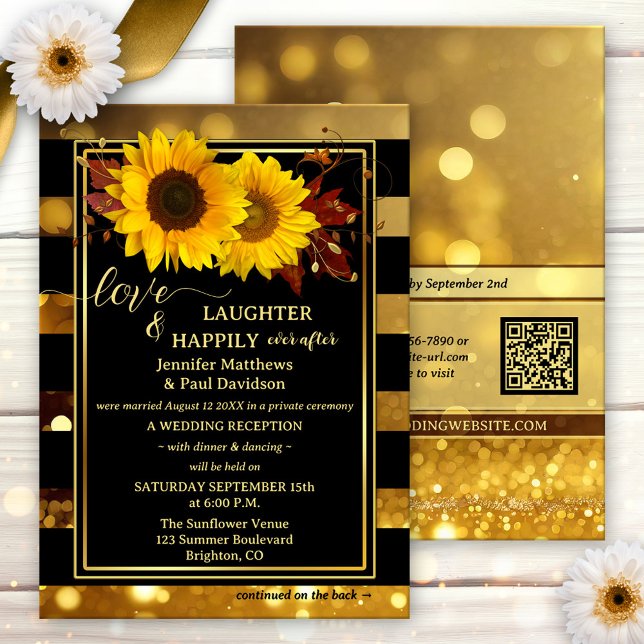 Convite Gold Black Sunflower Happily Ever After Wedding (Happily ever after wedding invitation featuring sunflowers and autumn leaves on chic black)