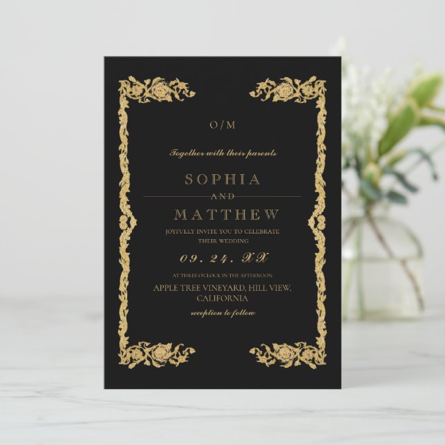 Convite  Gold Black Wedding Photo Invitation (Em pé/Frente)