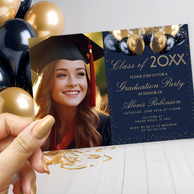 Convite Gold blue balloons collage graduation party photo (Criador carregado)