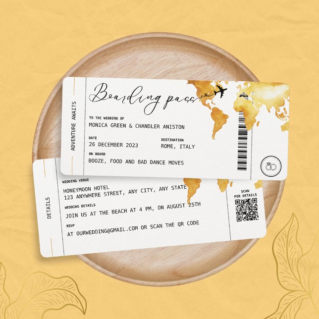 Convite Gold Boarding Pass Destination Wedding QR code (Criador carregado)