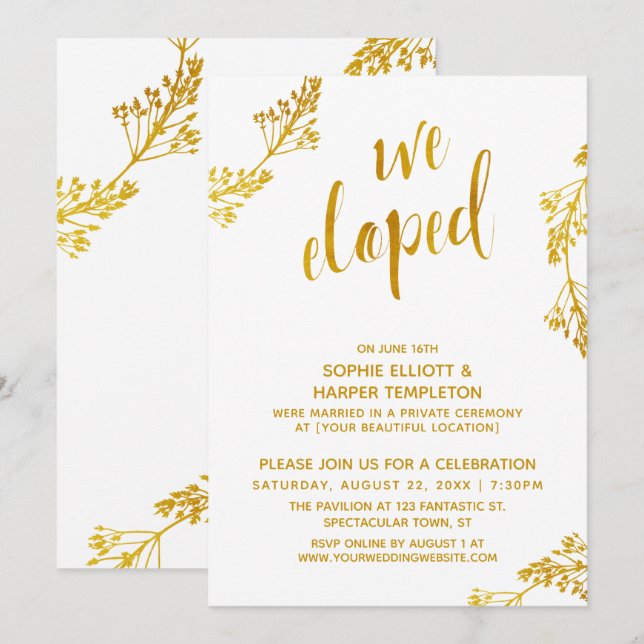 Convite Gold Botanical We Eloped Post Wedding Event (Frente/Verso)